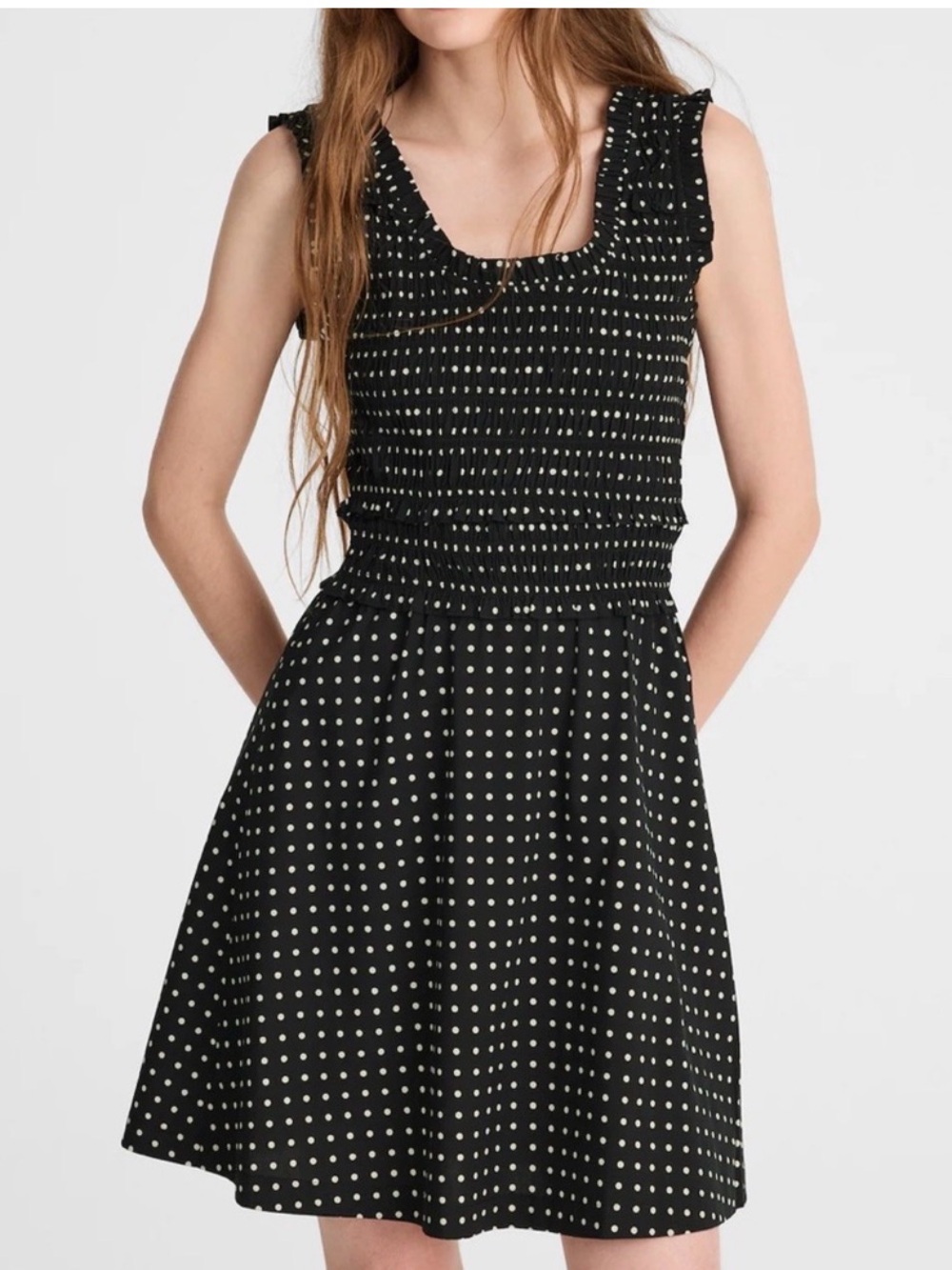 Madewell Black Polka Dot Sleeveless Smocked Waist Mini Dress